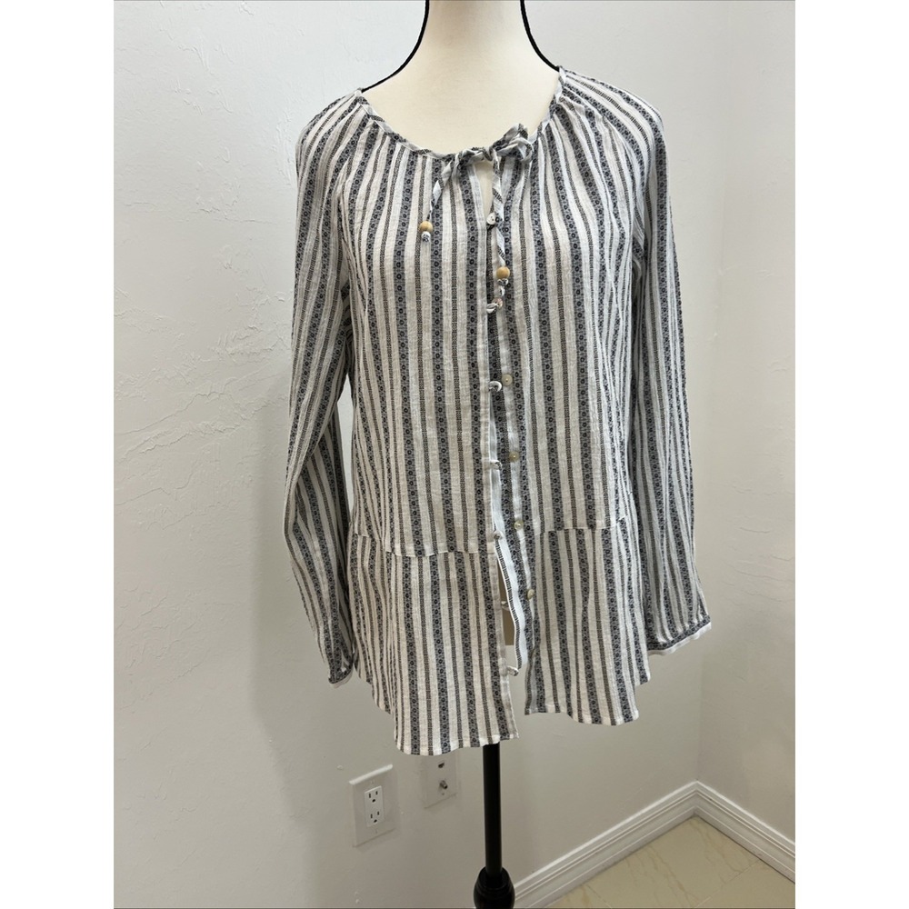 J. Jill Women's Long Sleeve Peasant Top Size S Cotton Jacquard Stripe Boho Tunic
